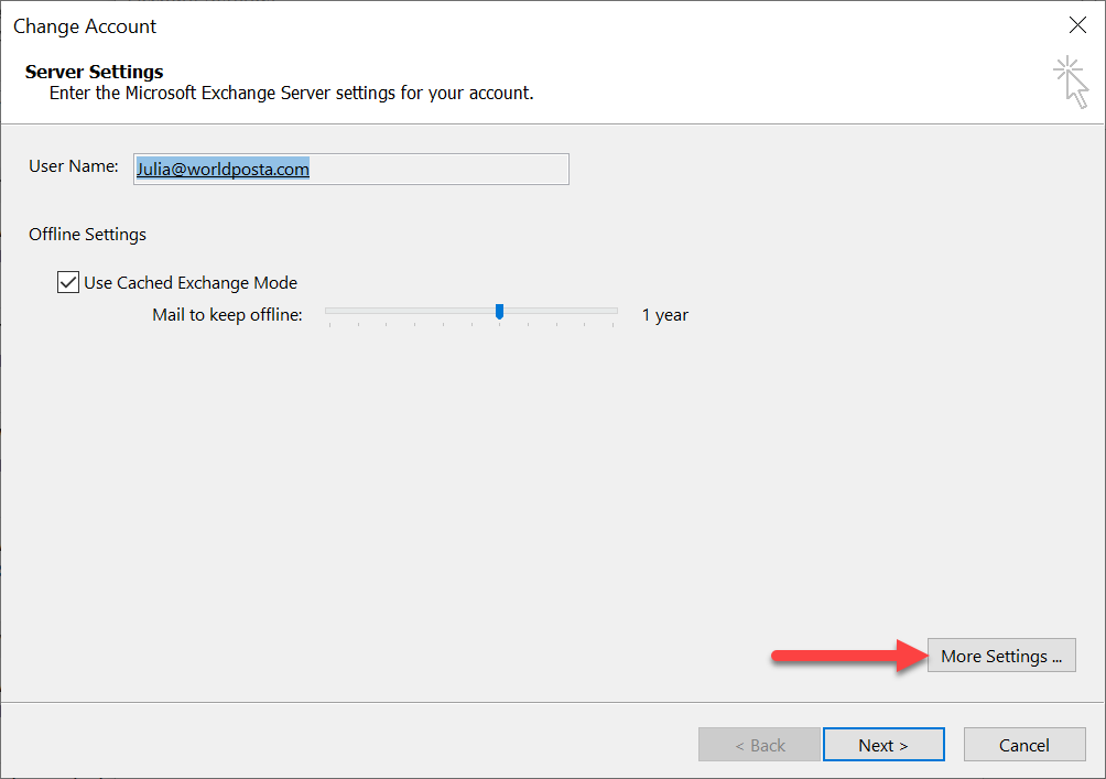 more settings 1 - The outlook is configured to prompt for your credentials